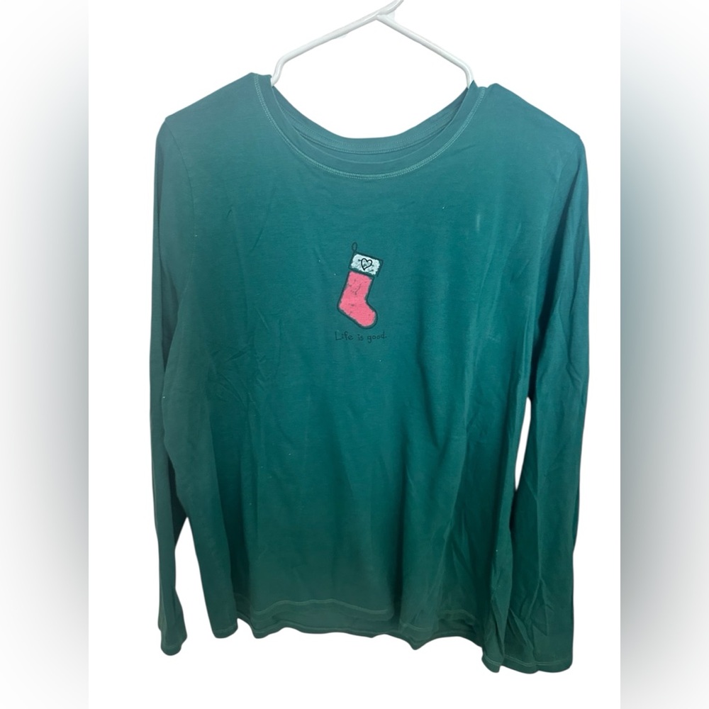 Life Is Good T Shirt Top Large Christmas‎ Stocking Green LS Heart Holiday Party